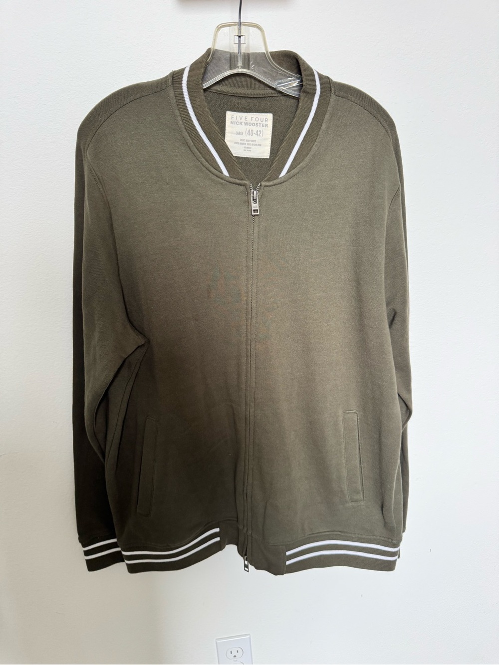 Five Four Olive Zip-Up Bomber Sweater with White Trim